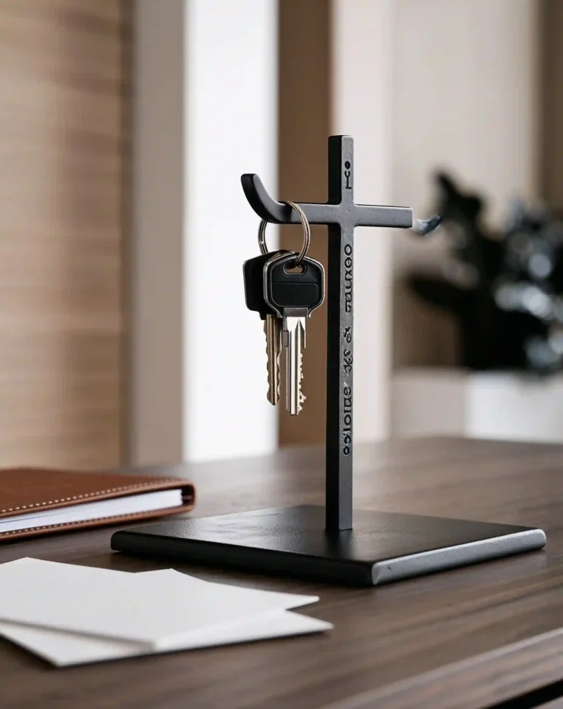 A beautifully lit, high-contrast, professional photograph showcasing a personalized iron key holder as the central focus, positioned on a sleek, modern wooden or marble surface, with a blurred, out-of-focus background that subtly highlights the subject's textures and tones. The iron key holder, adorned with elegant engravings or subtle decorative elements, holds a set of shiny, neatly arranged house keys, while a few strategically placed, crisp, white sheets of paper or a minimalist, leather-bound notebook lie nearby, hinting at the idea of organization and functionality. The overall aesthetic is clean, minimalist, and sophisticated, with a predominantly neutral color palette featuring earthy tones, such as warm beige, rich wood, and dark iron, accented with splashes of brightness from the keys or surrounding environment, inviting the viewer to appreciate the beauty in everyday, domestic details.