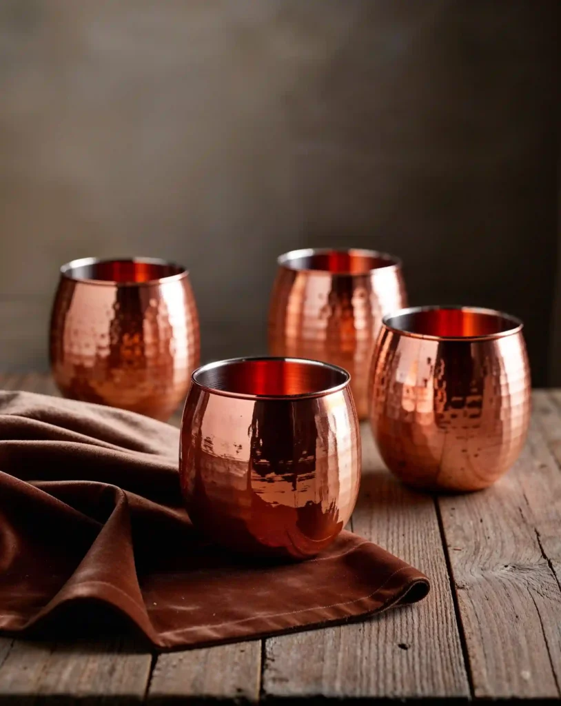A beautifully styled and professionally lit still life photograph of a set of copper wine glasses, arranged artfully on a rustic wooden table or a luxurious velvet cloth, with a subtle highlight on the metallic rim, capturing the intricate texture and warm hue of the copper, against a muted, earthy background that complements the rich tones of the glasses, with a shallow depth of field to emphasize the elegant curves and sophisticated feel of the luxury gift, shot from a slightly overhead angle to showcase the unique shape and design of each glass.