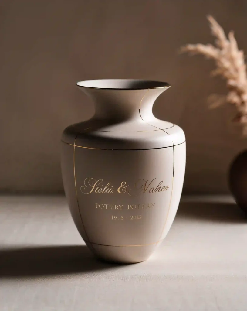 A beautifully styled and well-lit photograph featuring a stunning, personalized pottery vase as the main subject, placed on a neutral or earthy-toned background to highlight its elegance, with a subtle, romantic ambiance suggested by the soft focus and warm lighting, the vase itself boasting a sleek, modern design with clean lines and minimalist patterns, adorned with elegant, cursive engraving of a couple's names or a special anniversary date in a metallic color such as gold or silver, with a shallow depth of field to blur the background and draw attention to the exquisite craftsmanship and thoughtful details of the vase, exuding a sense of sophistication, love, and refinement.