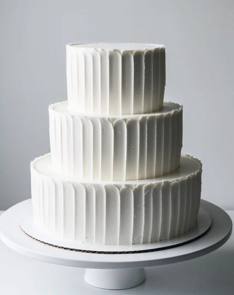 A clean, three-tier cake with a minimalist white-on-white design. The cake features textured buttercream with soft ridges, giving it a subtle, artistic feel. The edges of each tier are sharp and clean, with no other decorations except the texture itself. This cake is placed on a simple, modern cake stand, creating an elegant and understated presentation.