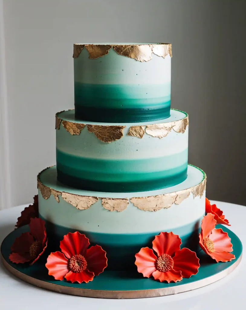 A dramatic, three-tier cake with an ombré design, transitioning from deep emerald green at the base to soft mint green at the top. The cake is accented with gold leaf detailing along the edges, giving it a luxurious feel. Bold, oversized sugar flowers in contrasting red or orange are arranged at the base of each tier, making the colors pop even more.