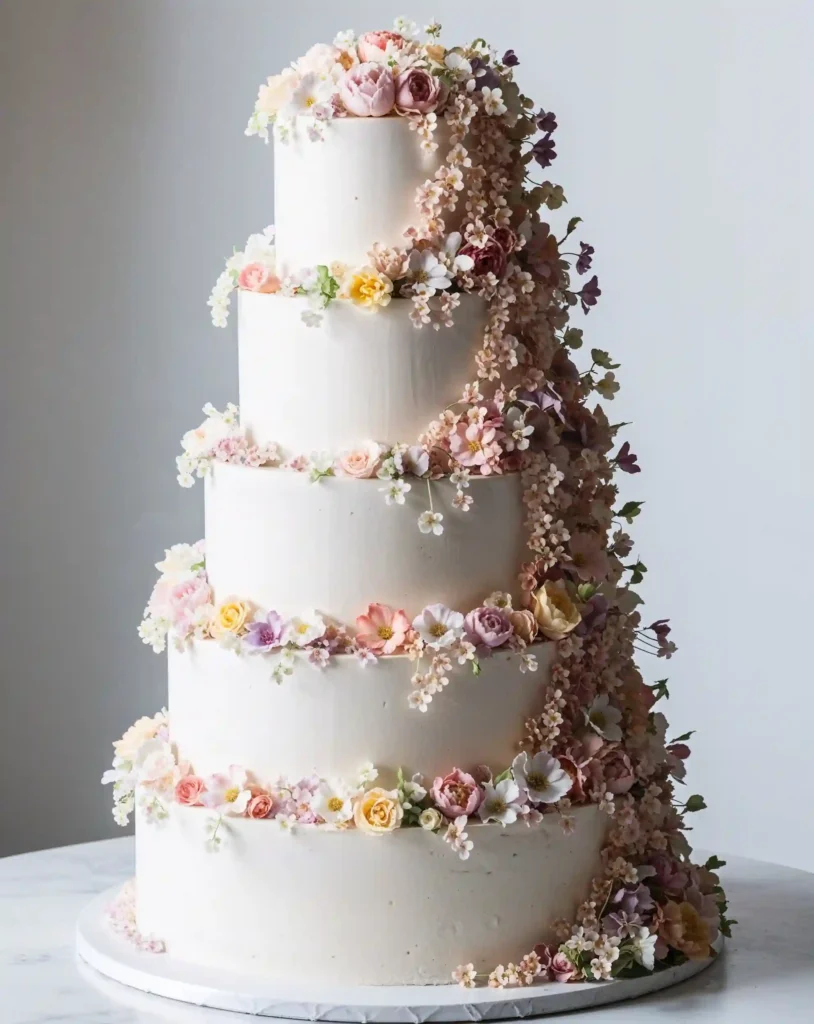 A four-tier cake adorned with cascading flowers. The top begins with small clusters of sugar or edible flowers in light pastels, flowing down the cake in a diagonal cascade. The flowers get denser as they reach the bottom tier, with various sizes and colors creating a lush and romantic look. The cake itself is white, allowing the floral cascade to be the star.