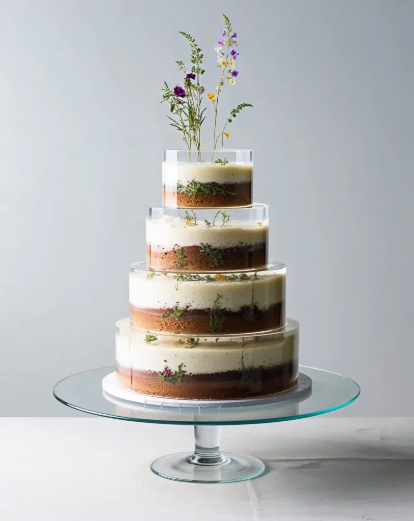 A two-tier transparent cake with layers of gelatin creating a see-through effect. Inside the clear gelatin layers, delicate edible flowers and herbs are suspended, giving the appearance that they’re floating. The layers alternate with traditional cake, allowing guests to see both the edible decorations and the creamy cake inside. The cake sits on a minimalist glass cake stand.