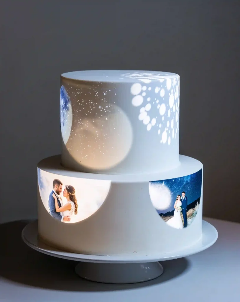 A plain, smooth white cake, illuminated by dynamic digital projections. The images and patterns shift across the surface of the cake, showing soft watercolor visuals, starry night skies, or personalized photos of the couple. The cake appears simple at first glance, but the projections turn it into an ever-changing, mesmerizing display.