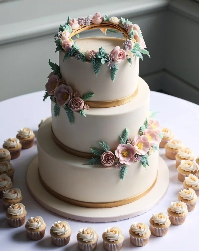 A small, two-tier cake designed for an intimate wedding. The cake is delicately decorated with intricate floral piping in soft pastel colors. The top tier features a floral wreath made of sugar flowers, while the bottom tier has a smooth, white fondant finish with gold detailing. A matching set of mini cupcakes or macarons surrounds the cake, complementing the design.