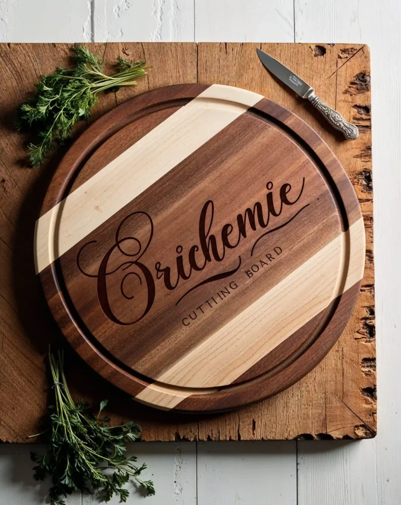 A stunning, high-quality photograph of a personalized wooden cutting board, beautifully styled on a rustic wooden surface or crisp white background, showcasing the natural grain and texture of the wood, with elegant, cursive script engraving in a rich, dark brown color, adding a touch of sophistication and warmth to the overall design, the cutting board's edges and corners subtly rounded, with a slight sheen to the finish, surrounded by a few strategically placed, fresh, green herbs or a small, ornate knife, highlighting its functionality and versatility, captured in a warm, soft natural light with subtle shadowing to emphasize the textures and details, evoking a sense of coziness and inviting warmth.