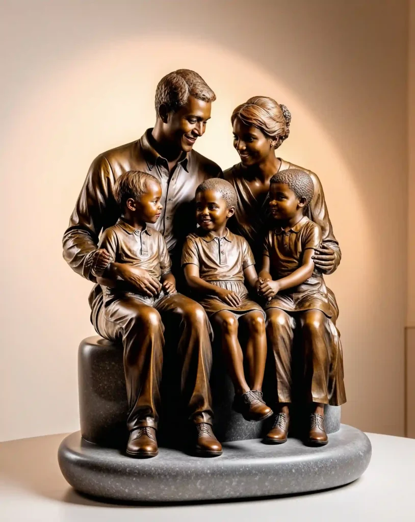 A warm, golden light illuminates a highly detailed, bronze family portrait sculpture, showcasing a loving family of four, including two young children, sitting comfortably on a smooth, grey stone pedestal, against a soft, creamy white background, with the photographer's focus on capturing the intricate textures and expressive facial features of the sculpture, highlighting the gentle smiles and loving gazes exchanged between the family members, with the overall mood evoking a sense of warmth, togetherness, and timeless elegance, photographed in a studio setting with a shallow depth of field, amplifying the sculpture's three-dimensional quality.