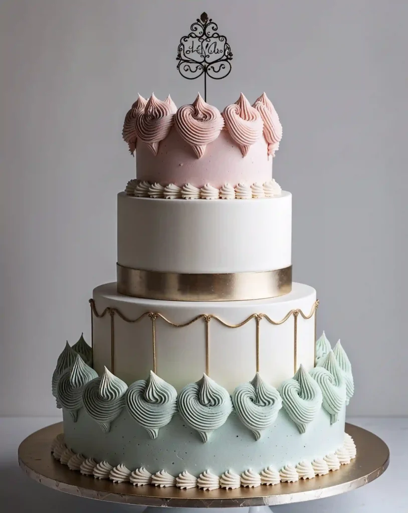 A whimsical three-tier cake with vintage-style piping and ornate decorations. The top and bottom tiers feature pastel-colored frosting with intricate piping designs, reminiscent of 1970s wedding cakes. The middle tier adds a modern twist, with clean white fondant and subtle gold accents. The cake is topped with a vintage-inspired cake topper in a contemporary style.