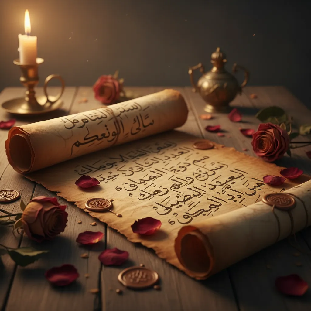 مخطوطة عربية قديمة تحتوي على كلمات حب مع ورد مجفف