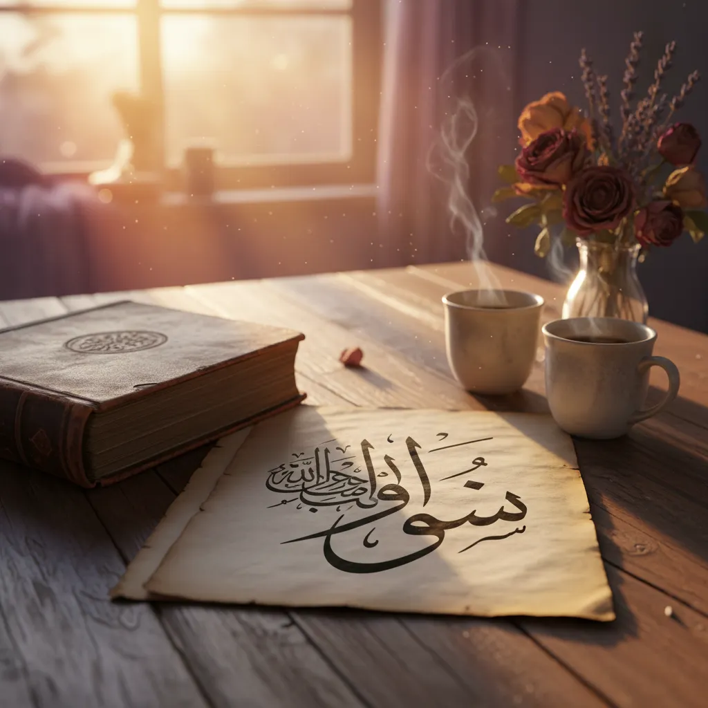 كتاب مفتوح يظهر فيه خط عربي جميل لكلمة حب مع إضاءة دافئة