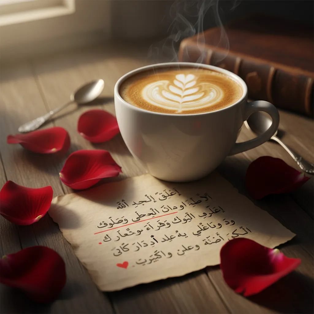 رسالة حب مكتوبة بخط اليد باللغة العربية بجانب فنجان قهوة وبتلات ورد