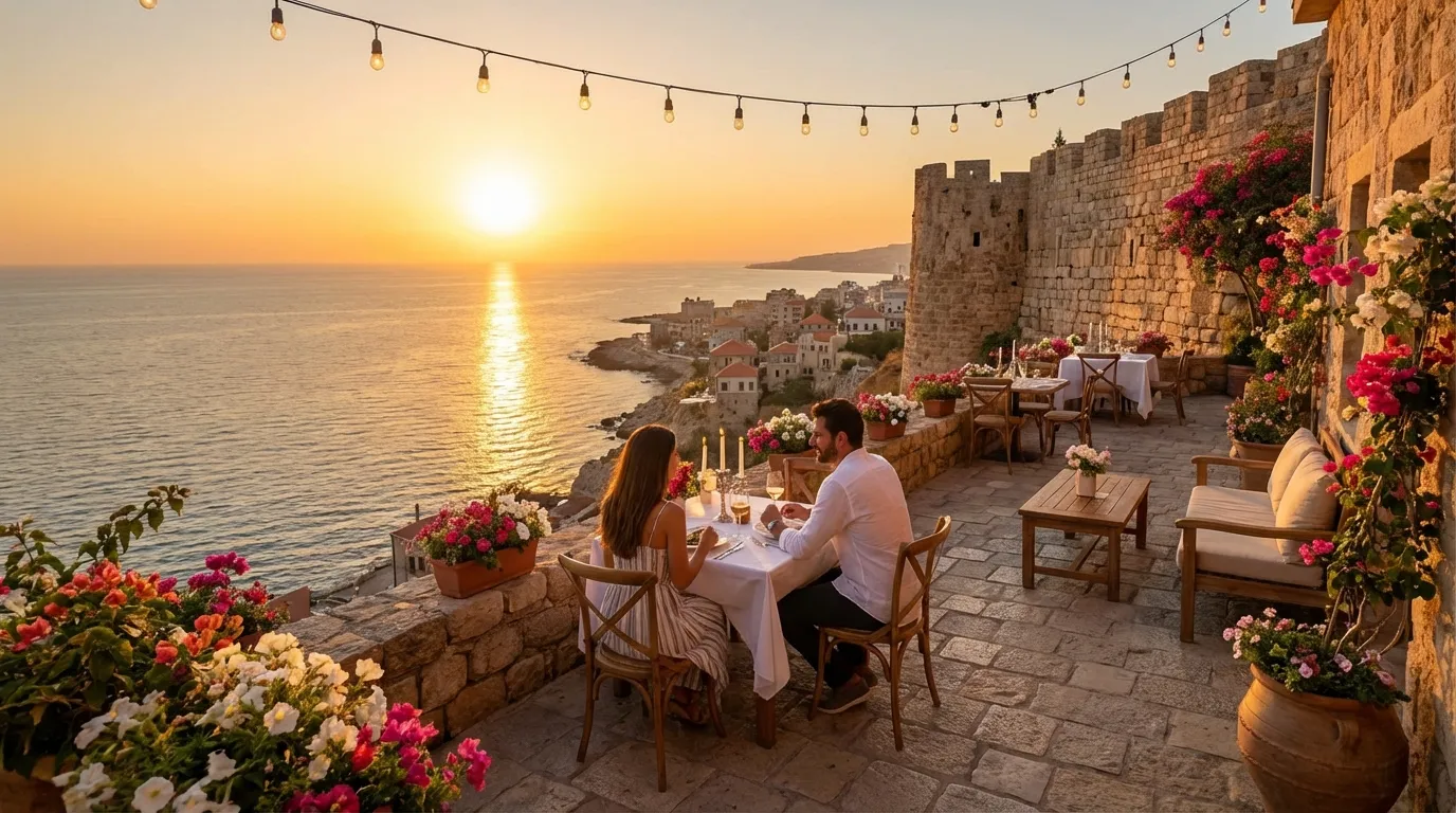 عشاء رومانسي لزوجين في مطعم مطل على البحر في البترون وقت الغروب