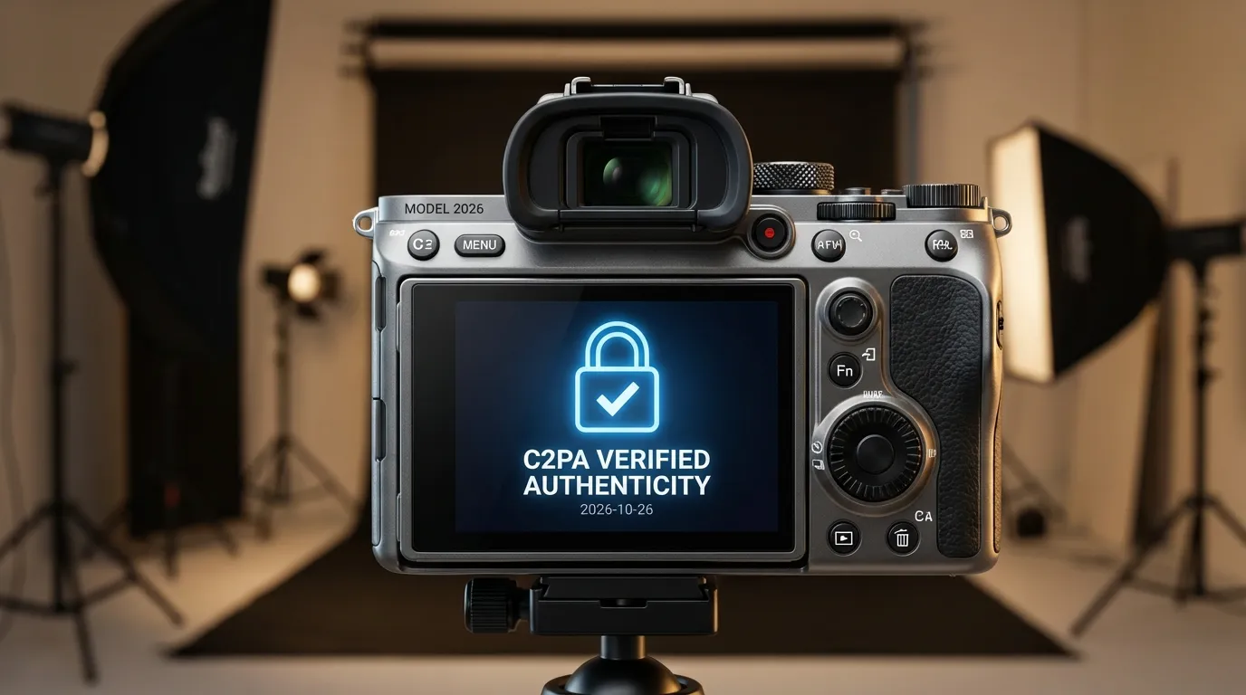 شاشة كاميرا احترافية موديل 2026 تعرض أيقونة قفل زرقاء تؤكد مصادقة C2PA وتوثيق الصورة.