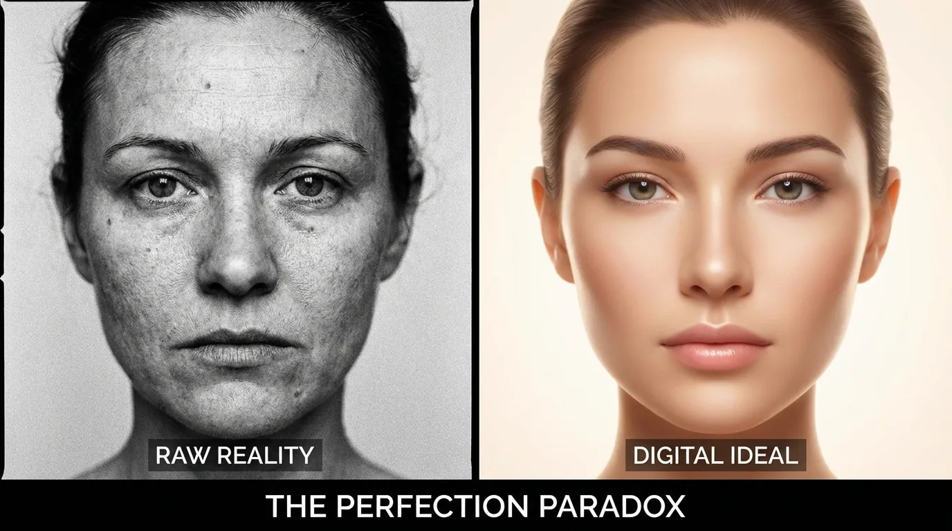 مقارنة فنية بين صورة بورتريه بشرية حقيقية بها عيوب طبيعية وصورة أخرى مثالية بشكل مفرط مولدة بالذكاء الاصطناعي.