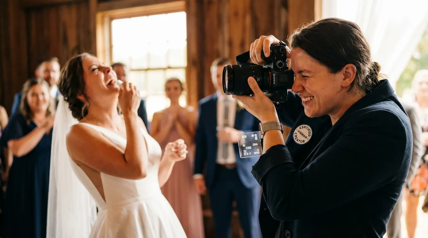 مصور زفاف في عام 2026 يرتدي شارة 'مبدع بشري معتمد' يوثق لحظة عفوية لعروس تضحك.