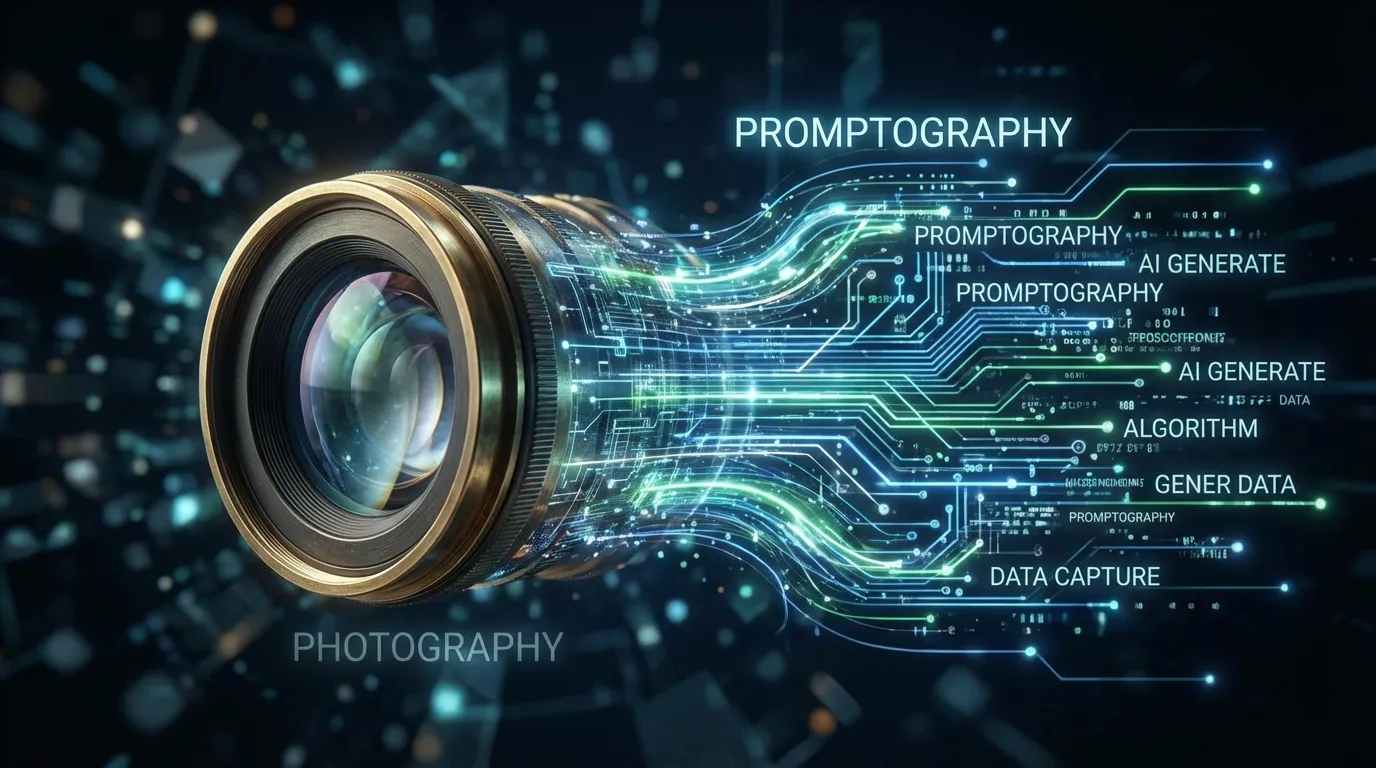 تصوير تجريدي يظهر تحول عدسة الكاميرا إلى أكواد برمجية ونصوص لتمثيل الفرق بين التصوير والبرومبتوغرافيا.