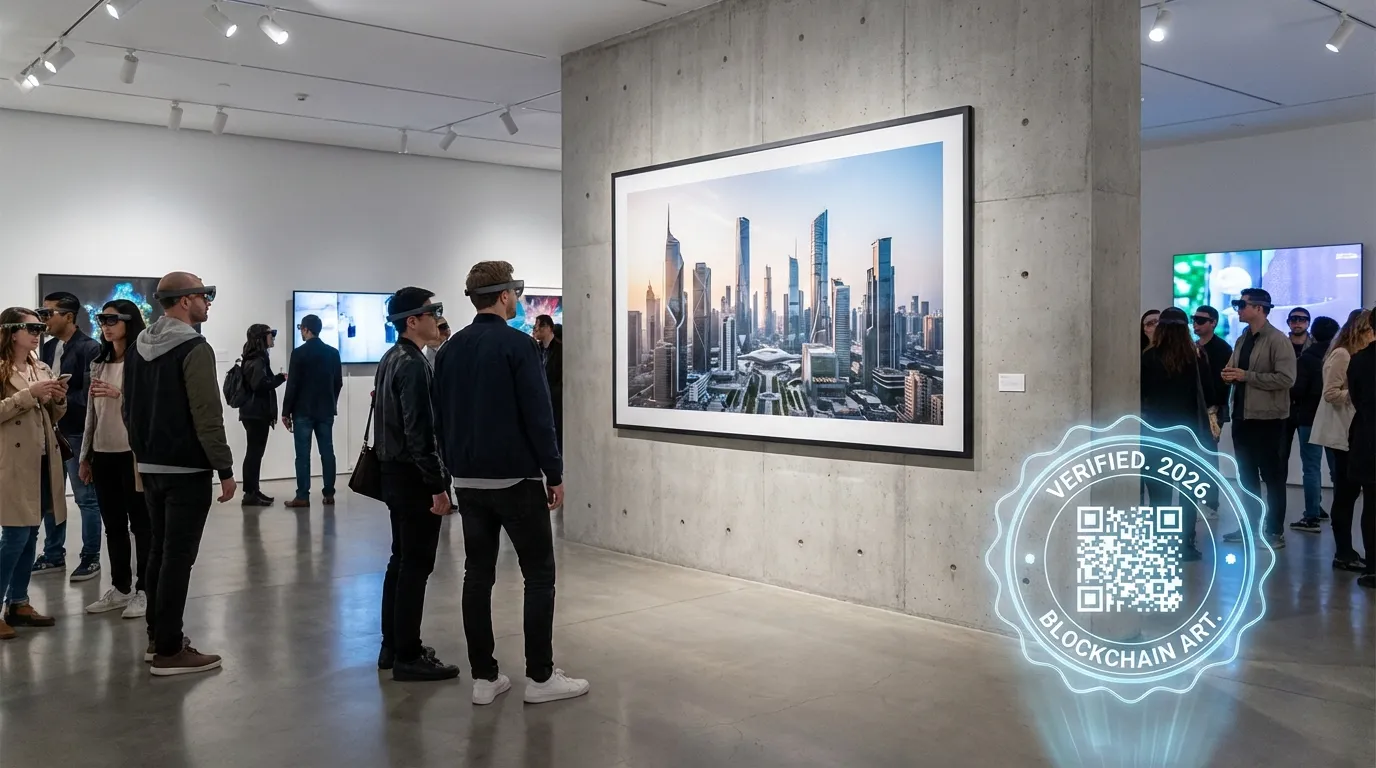 زوار في معرض فني يتأملون صورة فوتوغرافية تحمل ختم توثيق رقمي هولوغرافي يثبت أنها من صنع بشري.