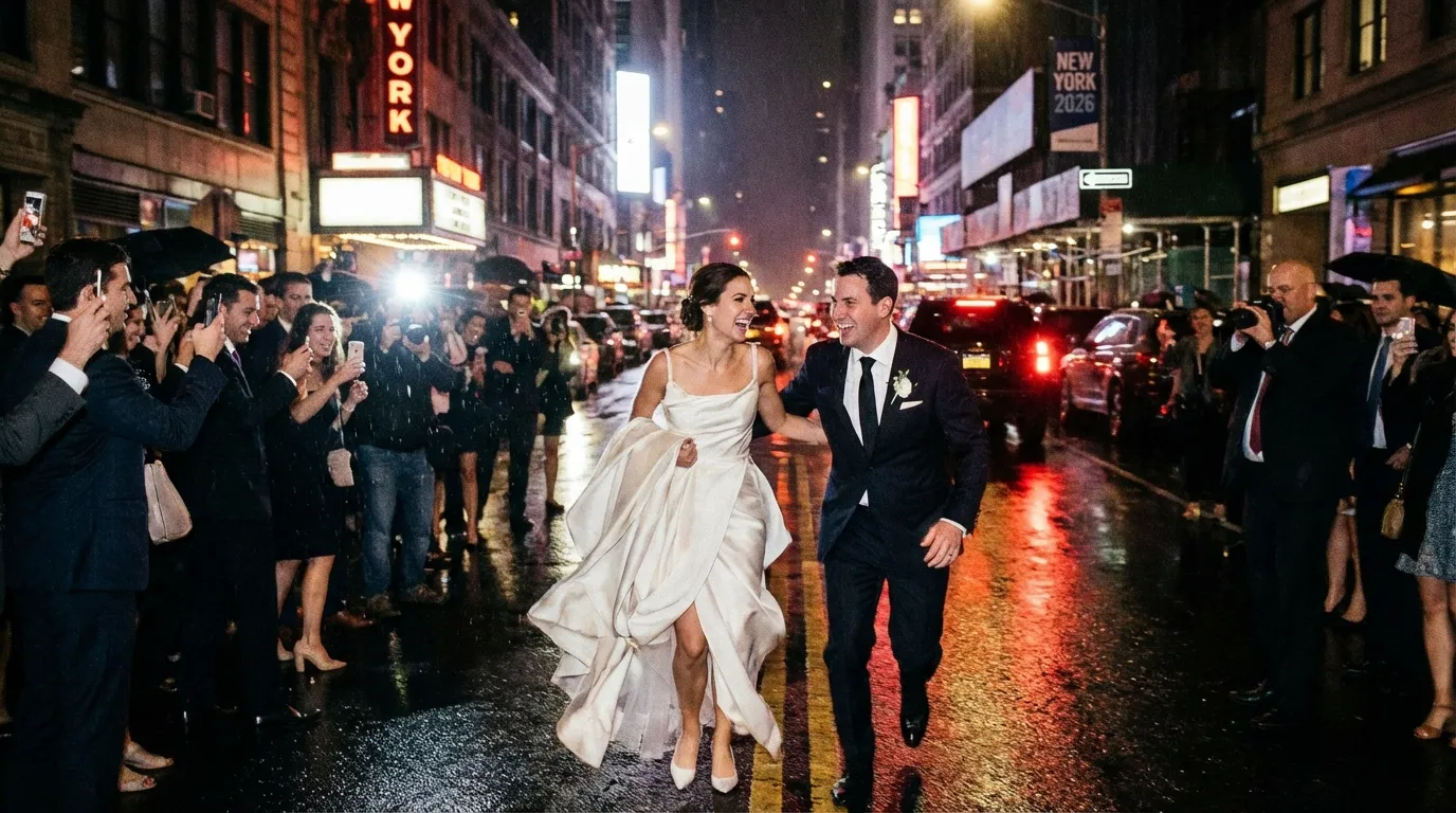 عريس وعروس يركضان في شارع ليلي بتصوير فلاش مباشر وضبابية فنية