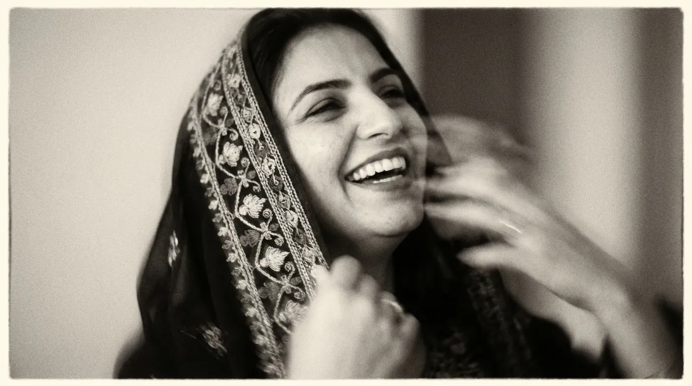 بورتريه أبيض وأسود لعروس تضحك بعفوية مع تأثير تحبب الفيلم