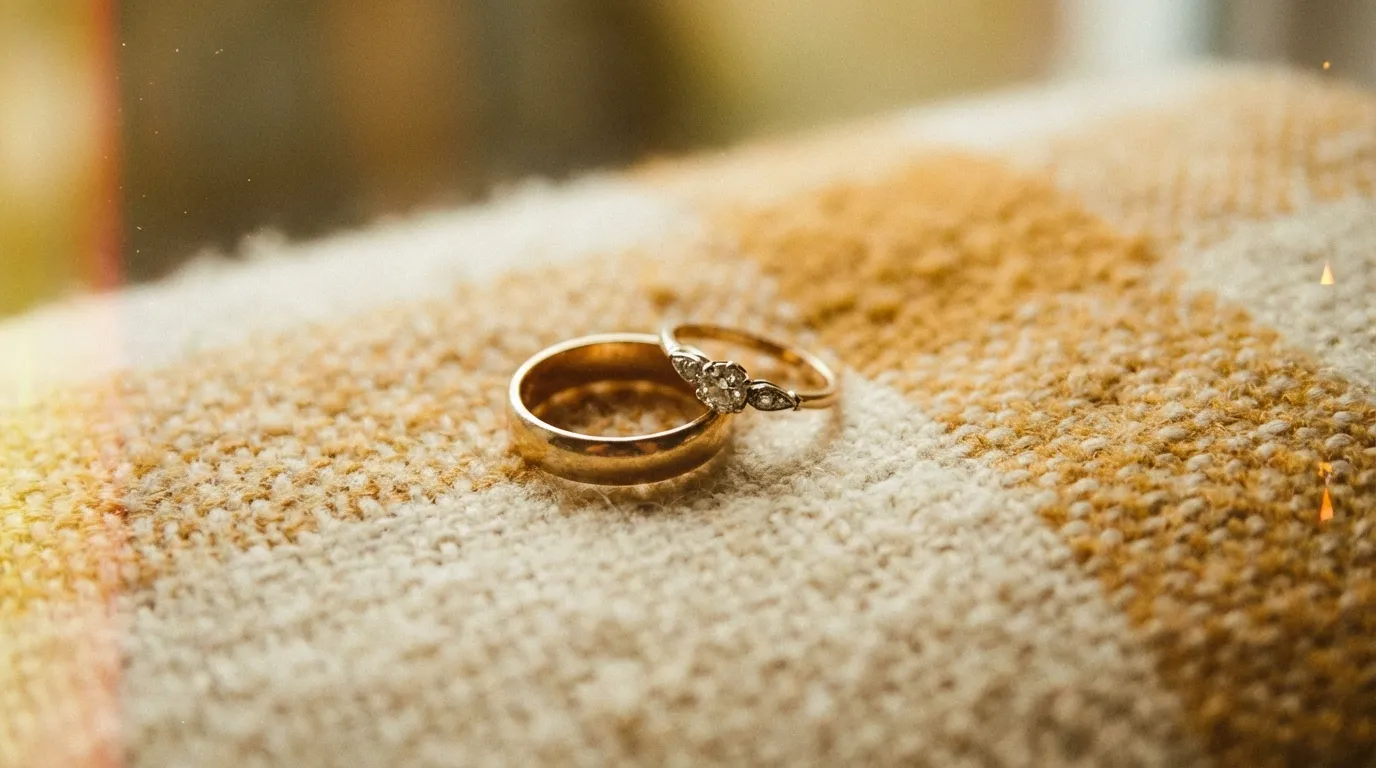 صورة تفصيلية لخواتم الزفاف بطابع فيلم كوداك فينتاج وألوان دافئة
