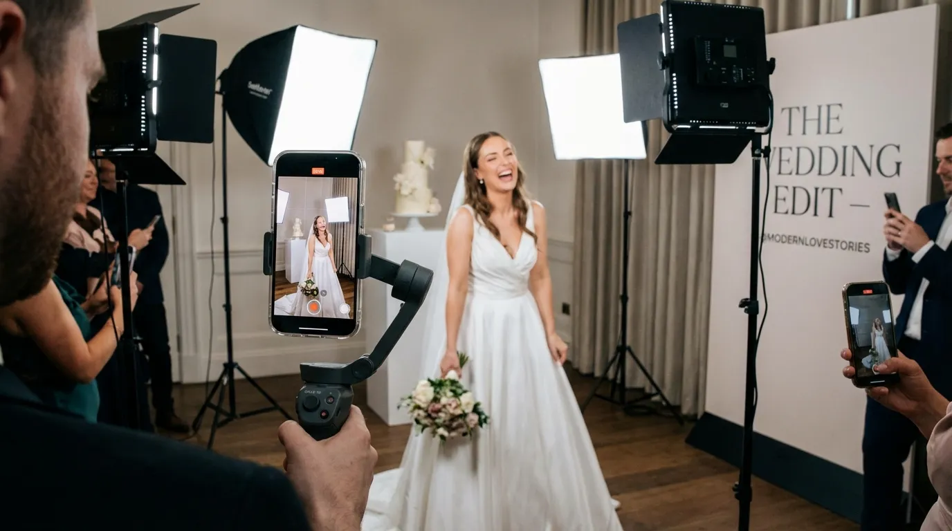 صانعة محتوى تصور العروس باستخدام هاتف ذكي في كواليس الزفاف