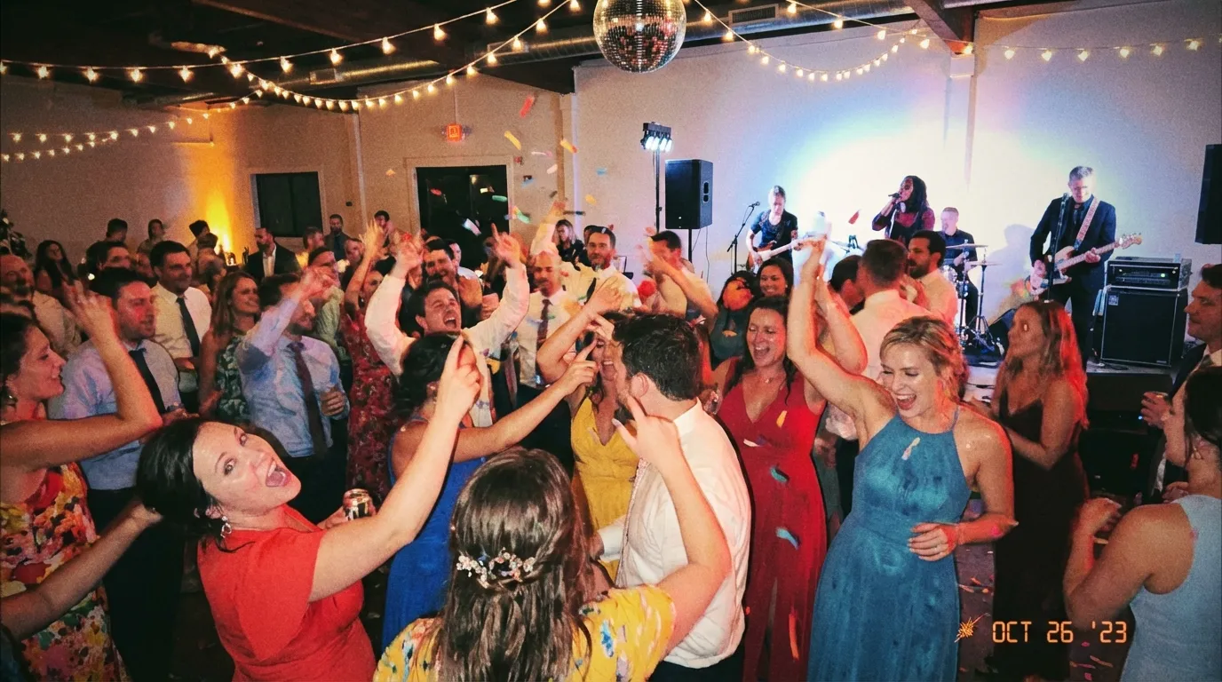 لقطة توثيقية لحلبة رقص في زفاف مع تأثيرات حركة وفلاش مباشر