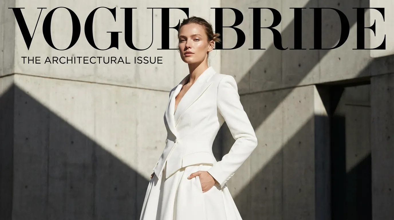 بورتريه عروس بستايل تحريري عالي الأزياء مع ظلال حادة وخلفية معمارية