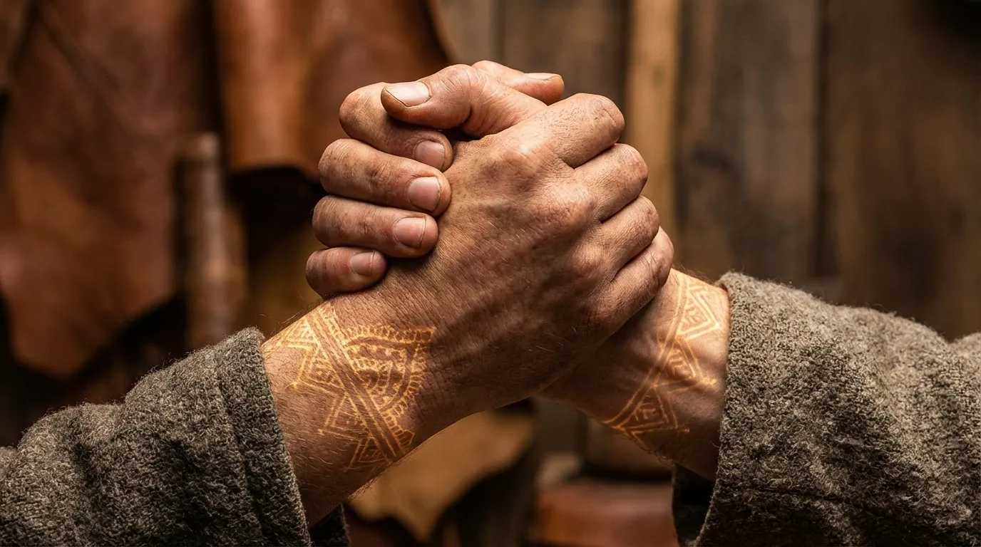 صورة مقربة عالية الجودة لمصافحة قوية بين صديقين مع زخارف عربية خفيفة تعبر عن الأخوة