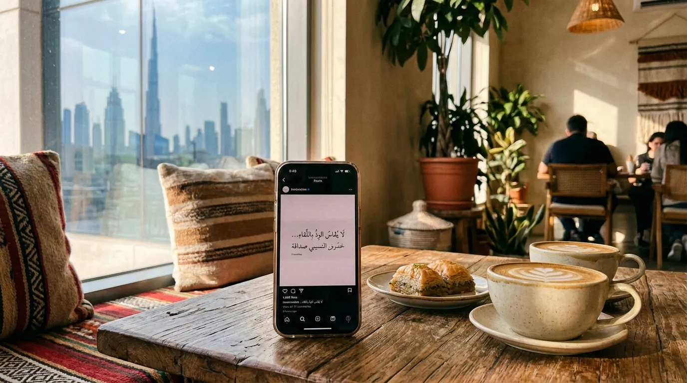 صورة لايف ستايل في مقهى حديث تظهر هاتف يعرض اقتباس صداقة عربي بجانب كوبين من القهوة