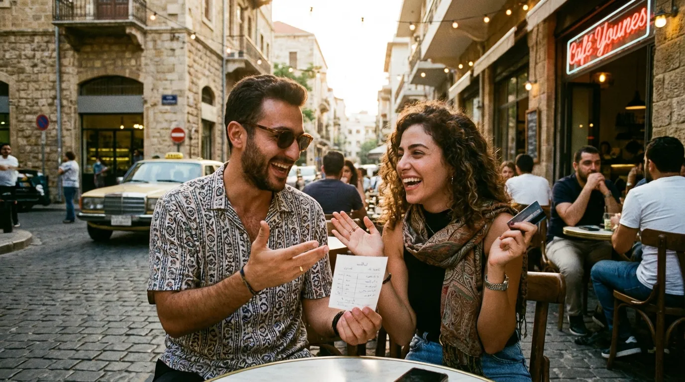 زوجان لبنانيان يضحكان في مقهى في الجميزة بيروت ويتجادلان بمرح حول دفع الفاتورة