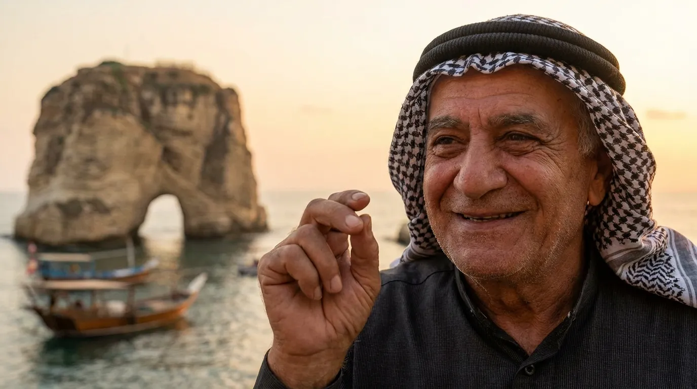 رجل لبناني يبتسم ويقوم بحركة اليد اللبنانية الشهيرة مع خلفية صخرة الروشة