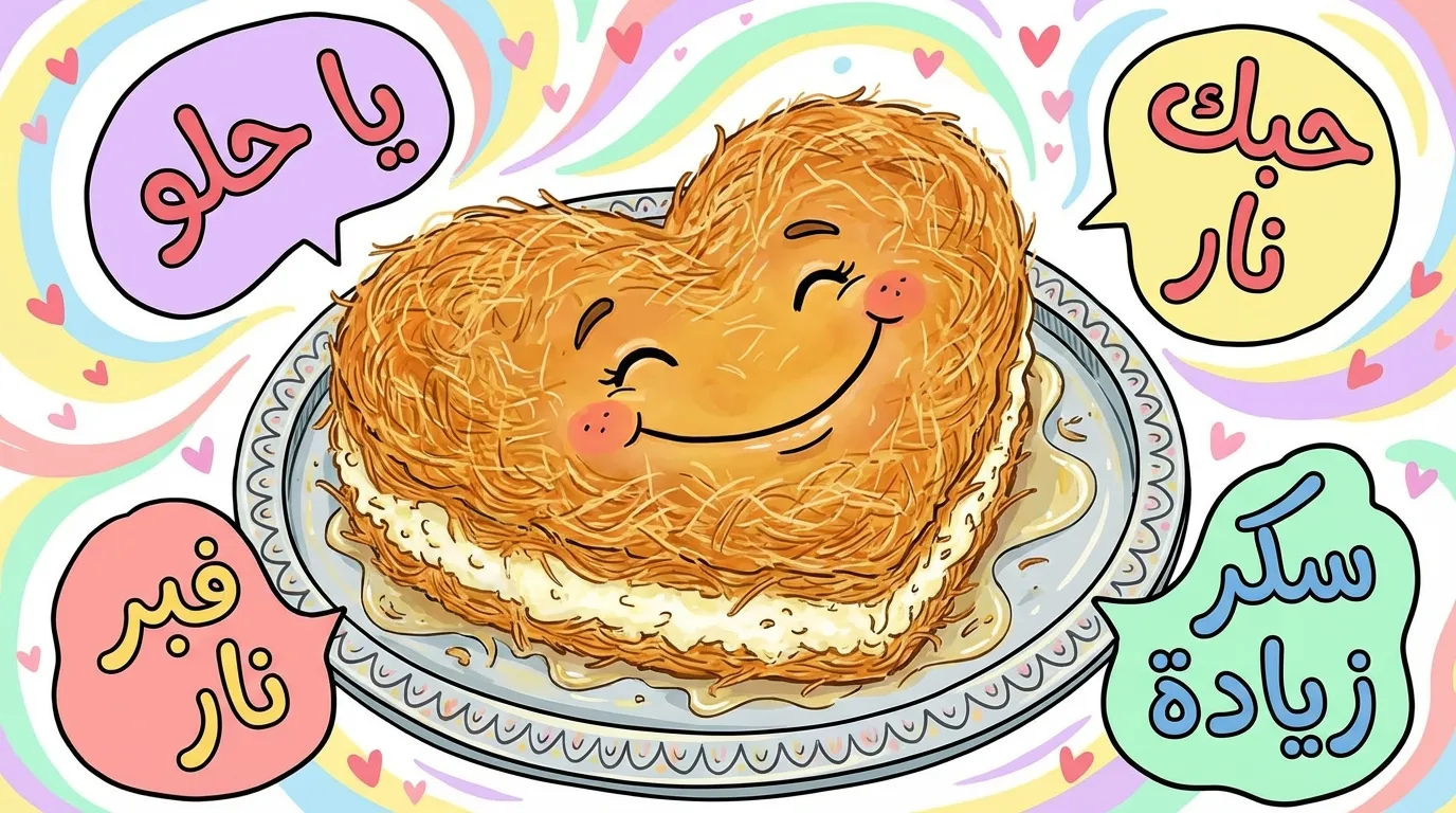 رسم كاريكاتوري مضحك لقلب على شكل صحن كنافة مع فقاعات نصية لعبارات غزل
