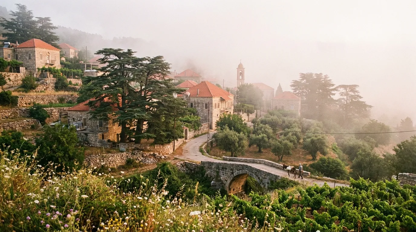 Scenic Lebanese mountain village representing Fairuz's lyrics