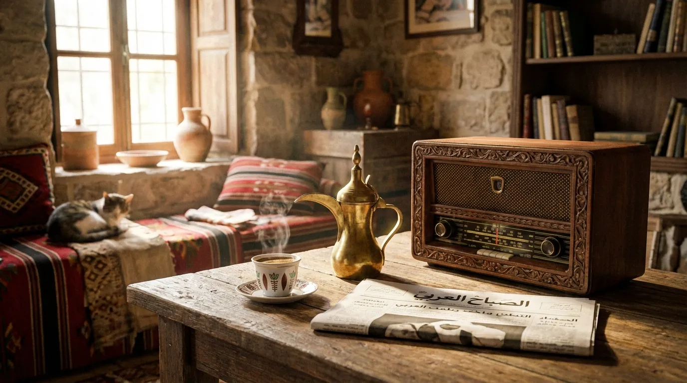Traditional morning setting with Turkish coffee and a vintage radio