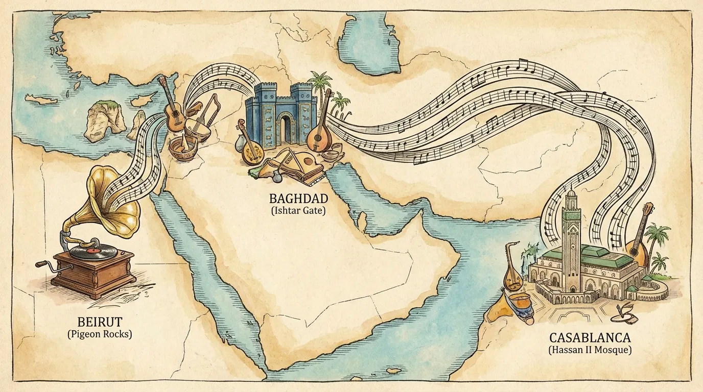 Map of the Middle East connected by sound waves representing Fairuz's reach