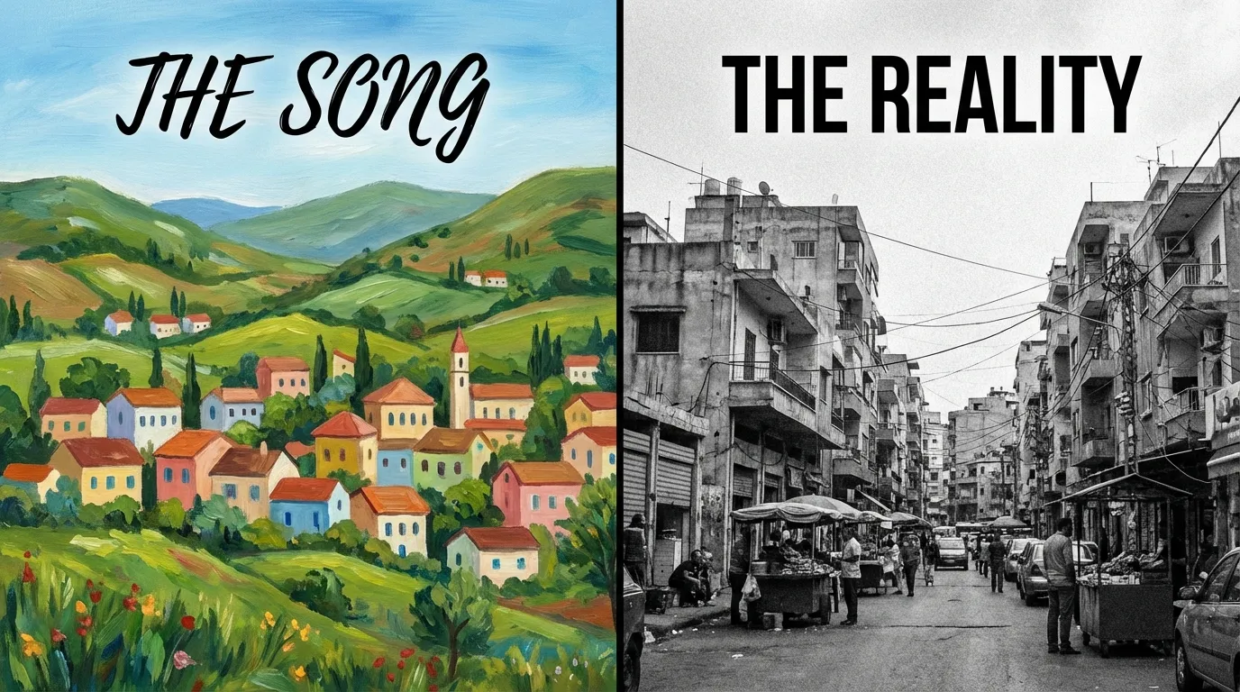 Contrast between an idyllic village painting and urban reality