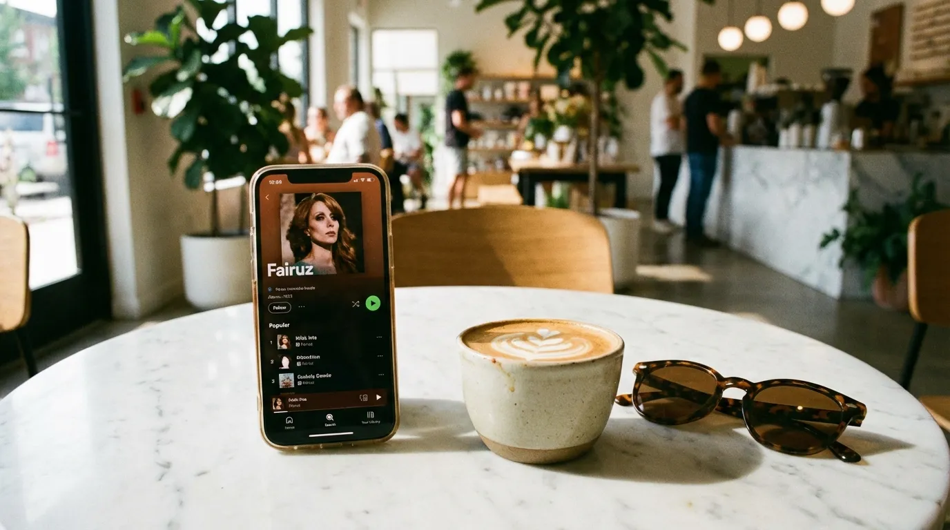 Smartphone playing Fairuz on Spotify next to morning coffee