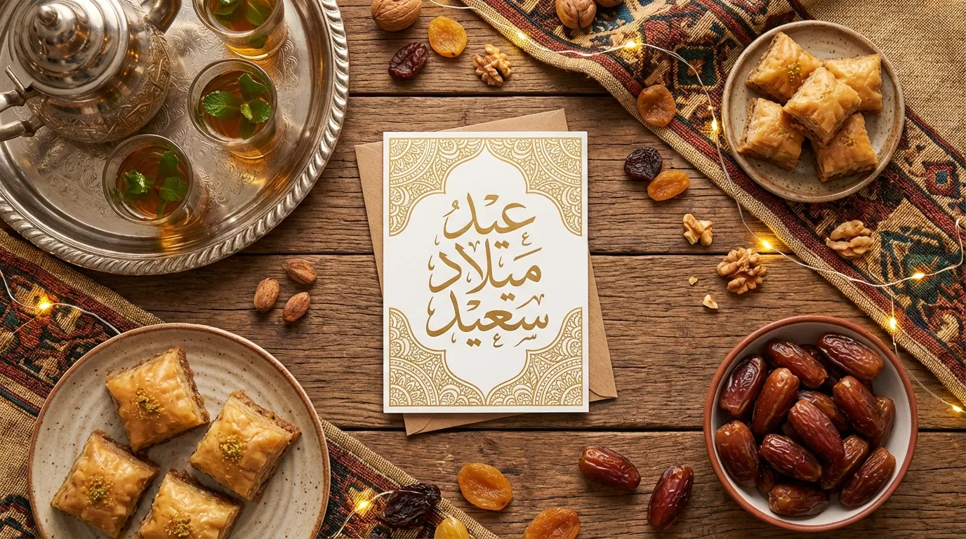 Traditional Arab birthday setting with sweets and a greeting card.