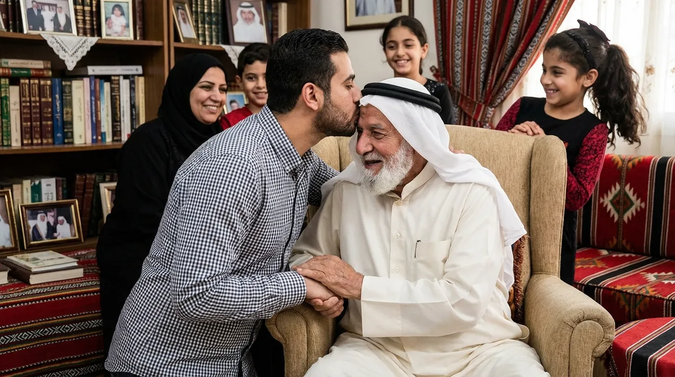 Younger family member showing respect to an elder during a celebration.