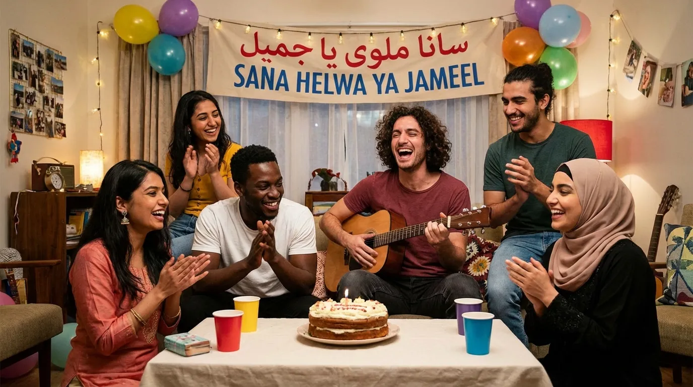 Group of friends celebrating a birthday with cake and laughter.