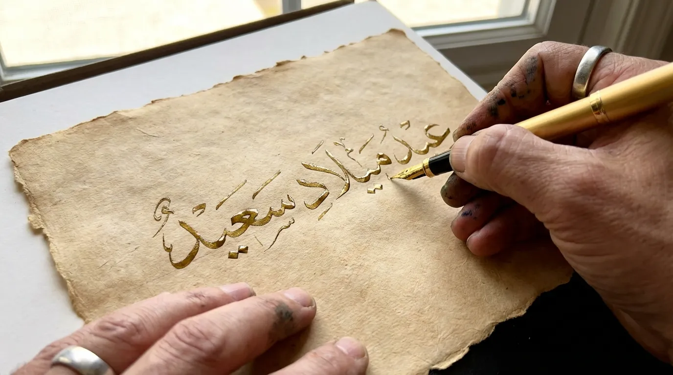Hand writing Happy Birthday in Arabic calligraphy with gold ink.