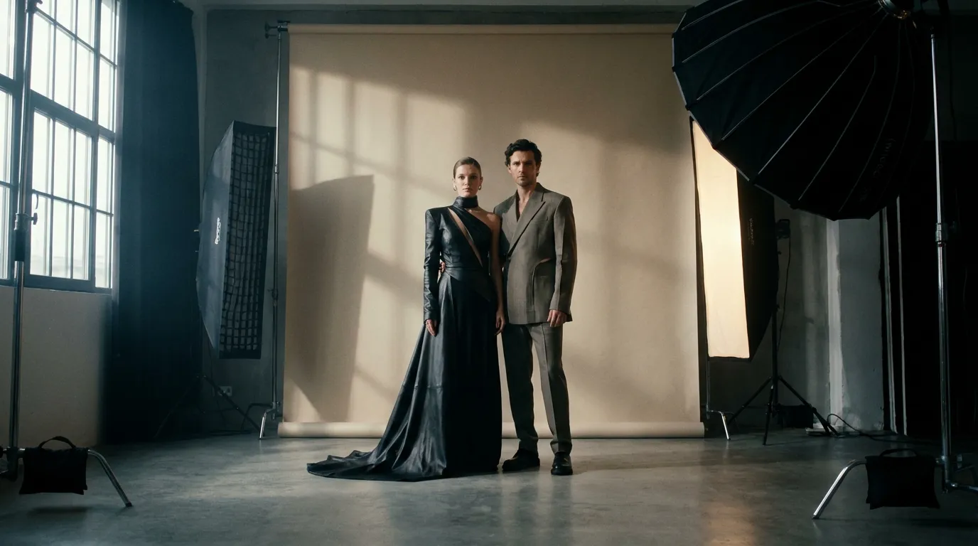 زوجان أنيقان في جلسة تصوير استوديو بإضاءة سينمائية درامية