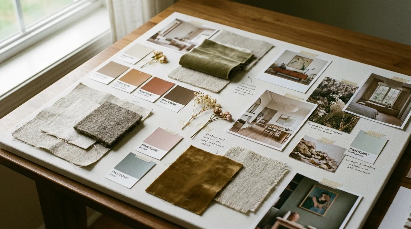 لوحة إلهام (Mood Board) تحتوي على عينات ألوان وأقمشة للتخطيط لجلسة التصوير