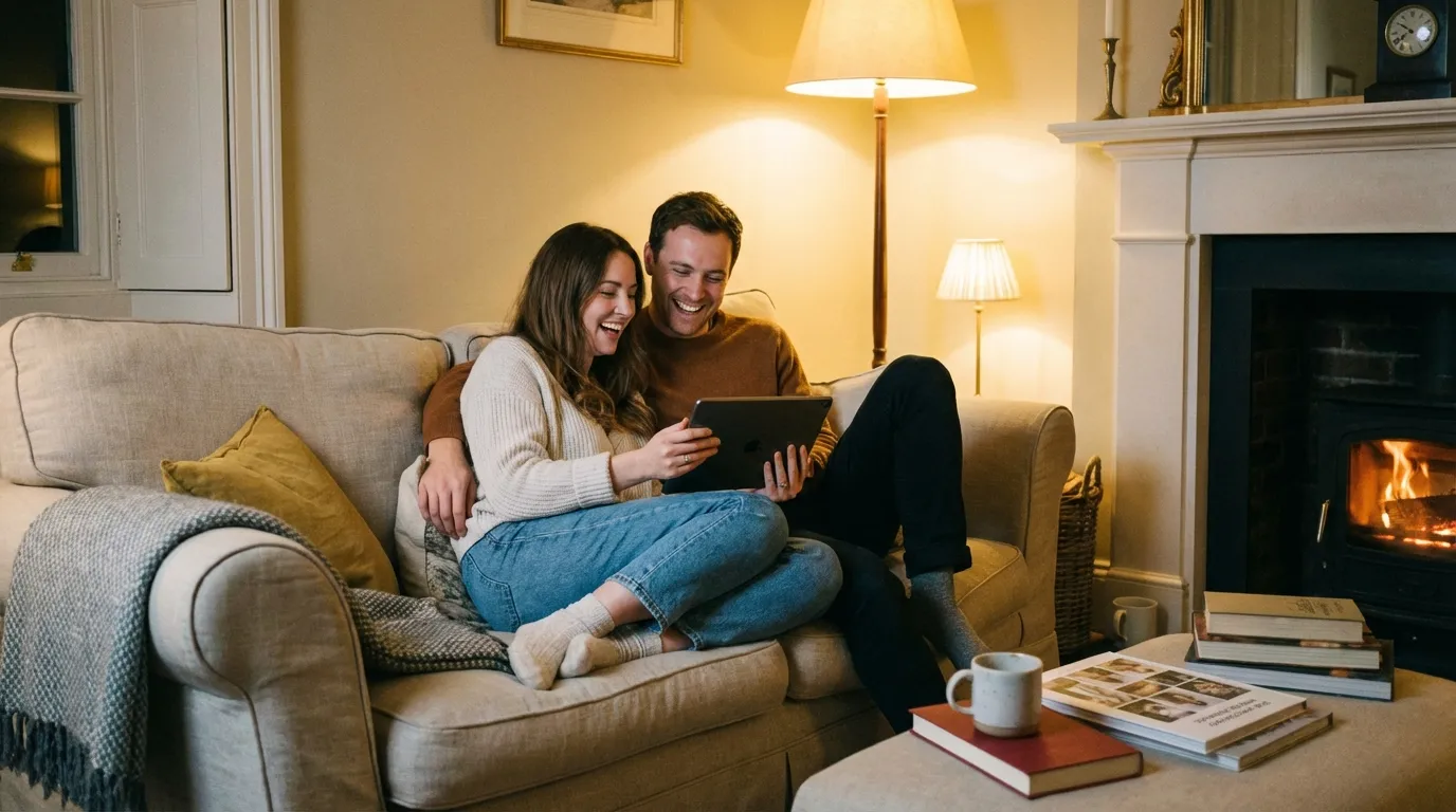 زوجان يخططان لجلسة التصوير ويختاران الأفكار عبر الجهاز اللوحي