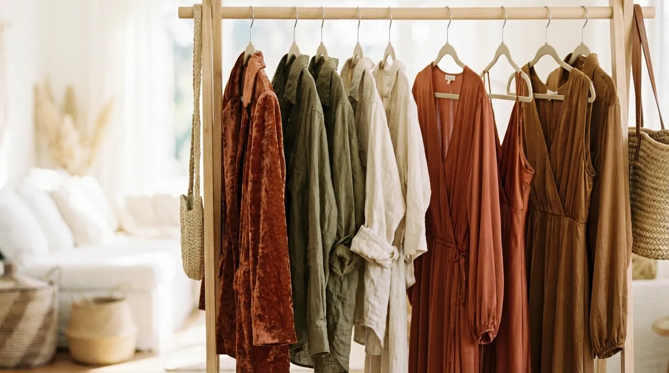 مجموعة ملابس منسقة بألوان ترابية وأقمشة غنية بالملمس معلقة على حامل