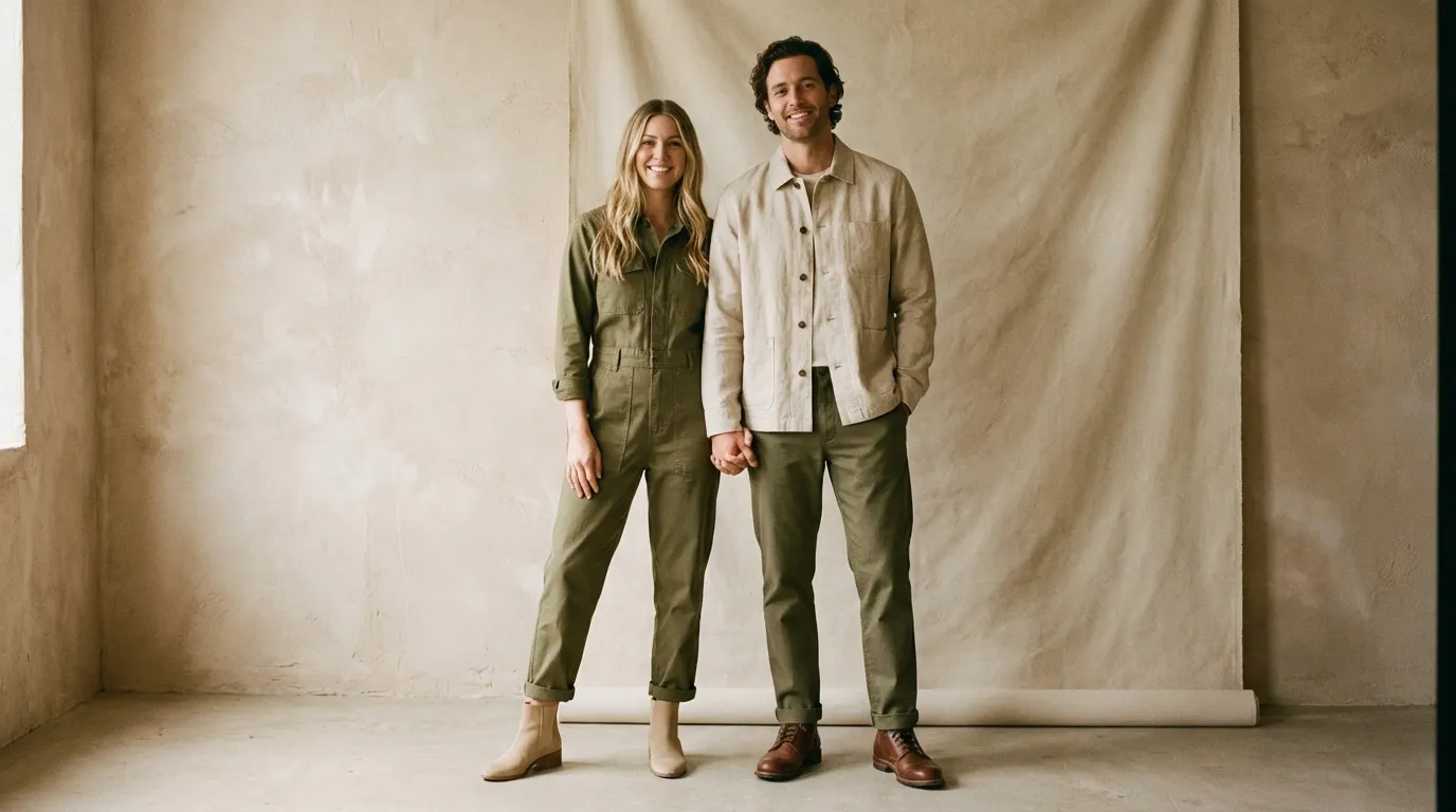 زوجان يرتديان ملابس متناسقة الألوان وغير متطابقة في استوديو التصوير