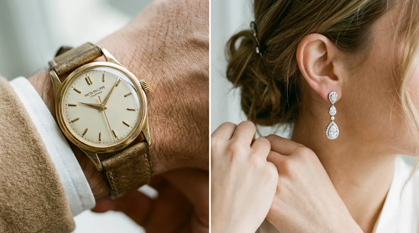 لقطة مقربة للإكسسوارات الفاخرة مثل الساعات والمجوهرات