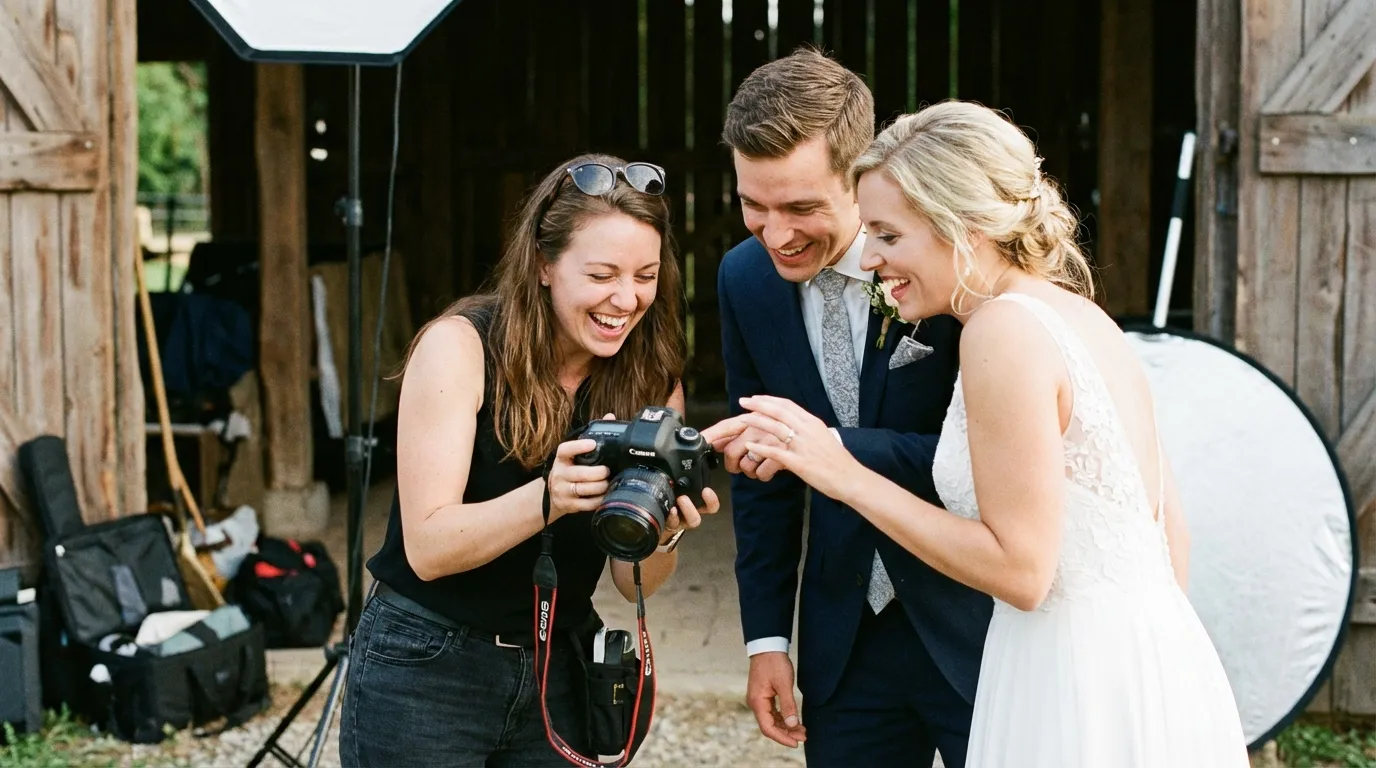 المصور يشارك نتائج الصور الأولية مع الزوجين من شاشة الكاميرا