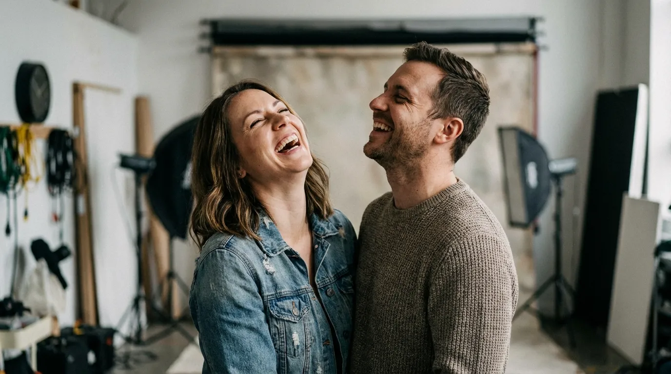لقطة عفوية تظهر ضحك ومشاعر الزوجين الحقيقية أثناء التصوير