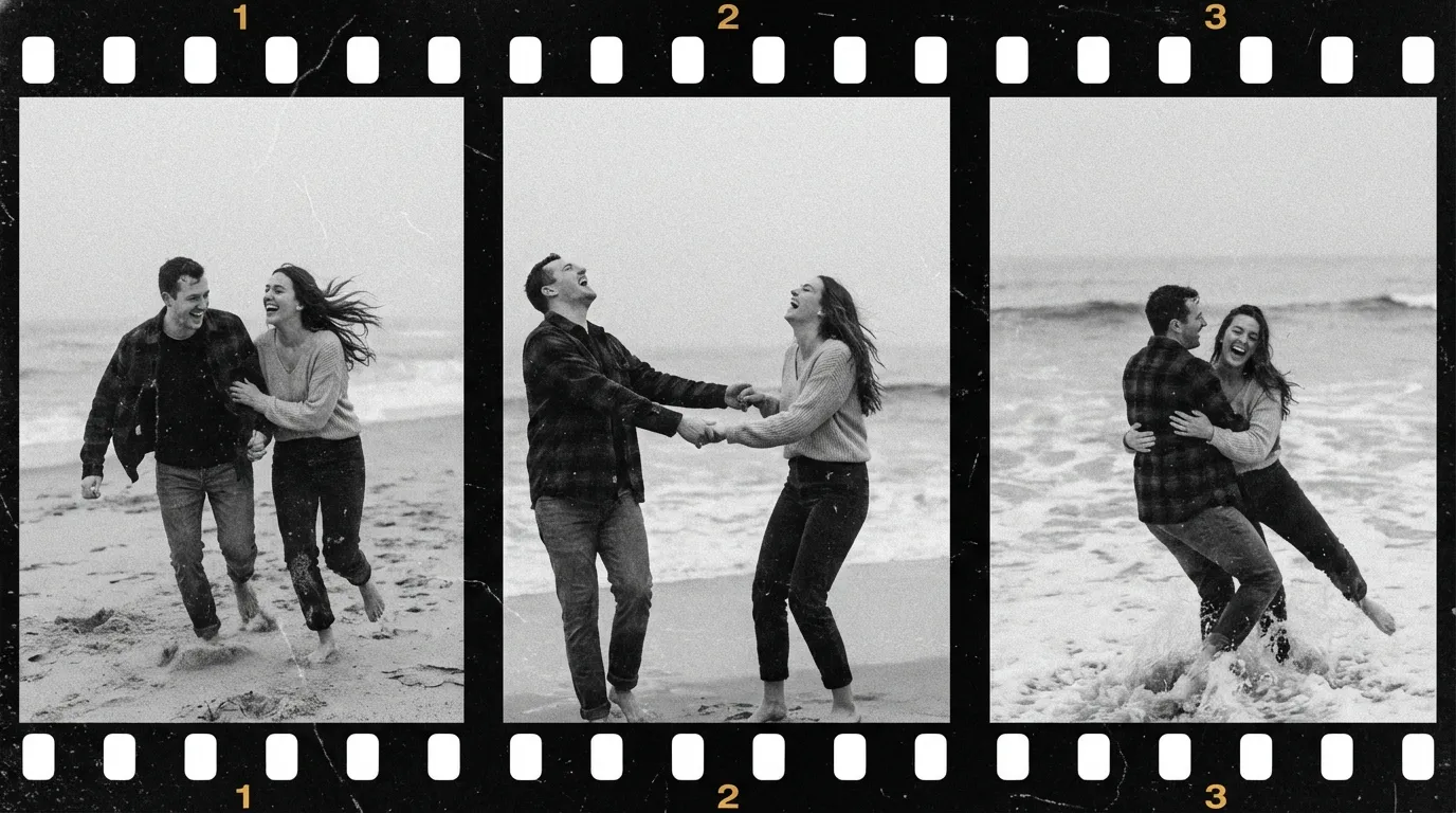 شريط صور متسلسل لزوجين يضحكان ويركضان على الشاطئ بالأبيض والأسود